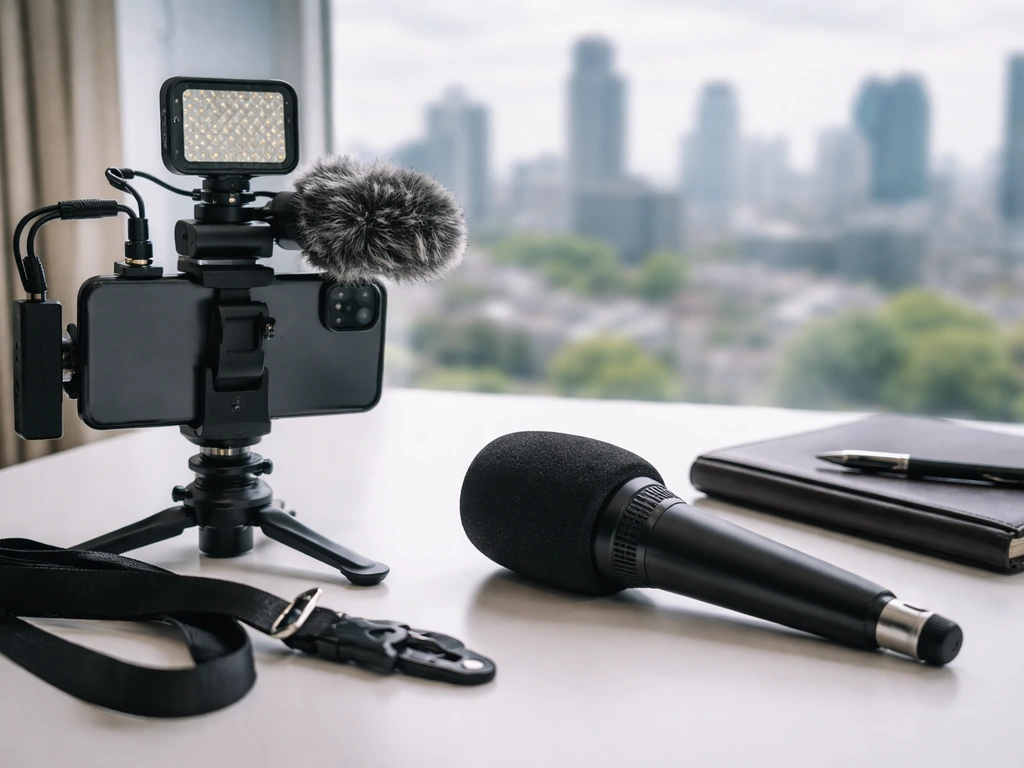 Anonymous media-rights desk scene with microphone and smartphone, blurred city view through a window.
