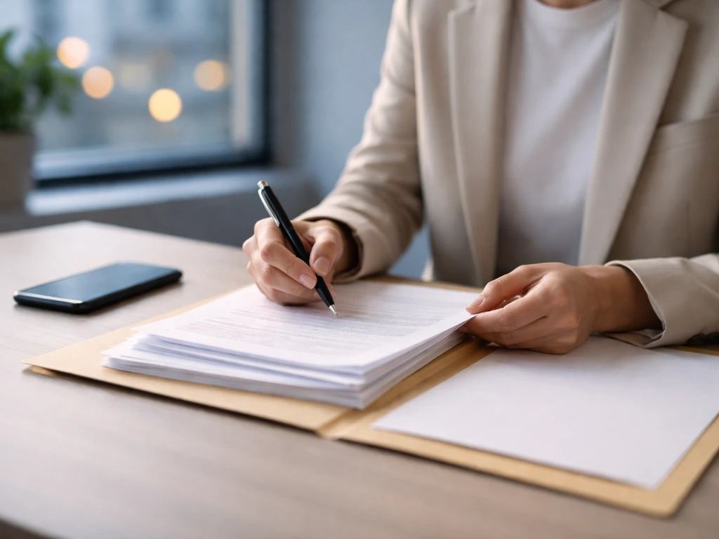 Minimal office scene with financial documents and a neutral person reviewing papers to suggest identity verification