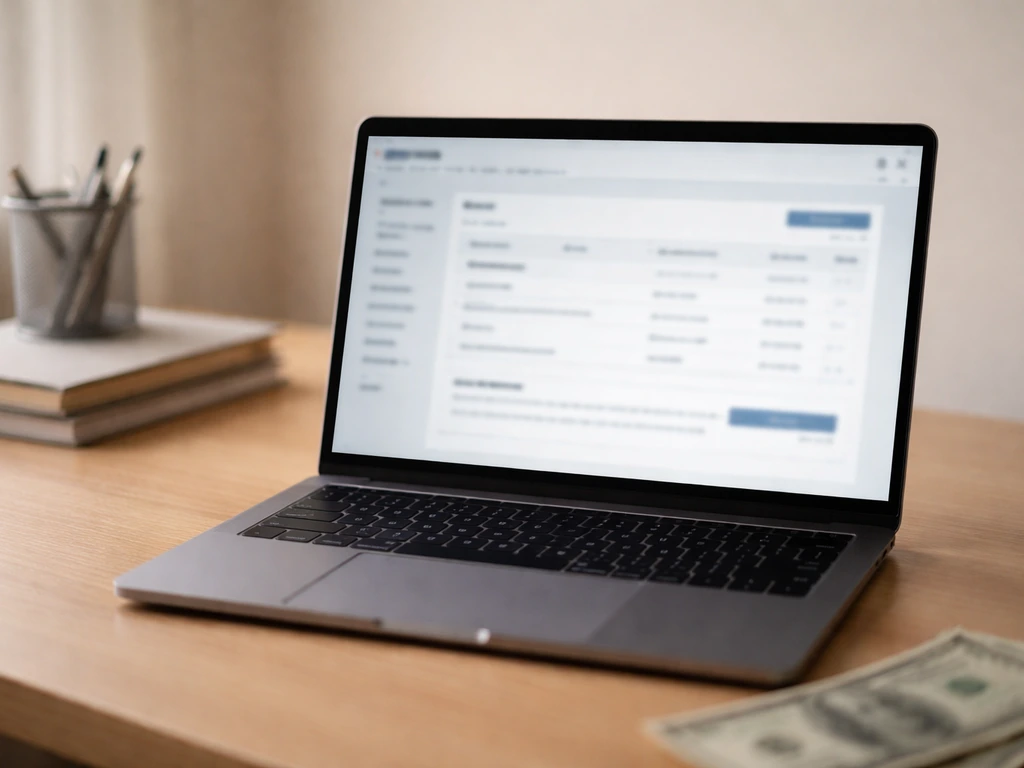 Minimal photo of a finance laptop on a desk with soft focus money cues, suggesting an online estimator page source.