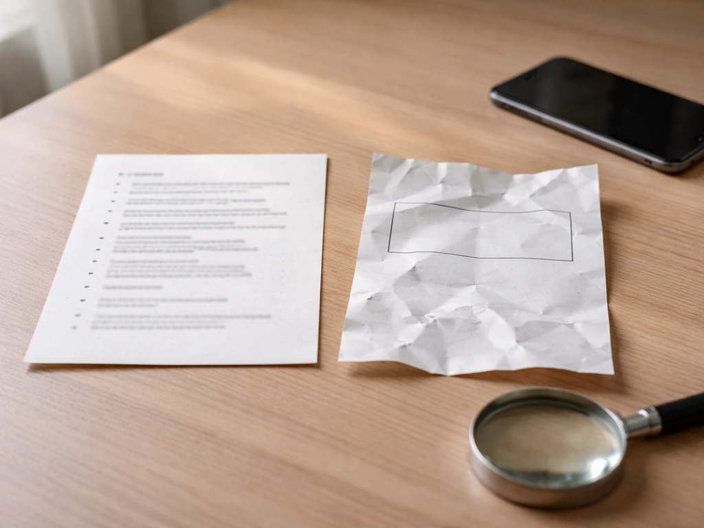 Minimal desk scene with a magnifying glass comparing two paper pages suggesting trust vs doubt