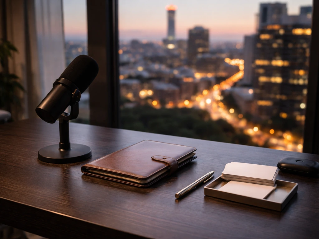 Minimal photo of a luxury business desk with a microphone and city lights, suggesting media and wealth