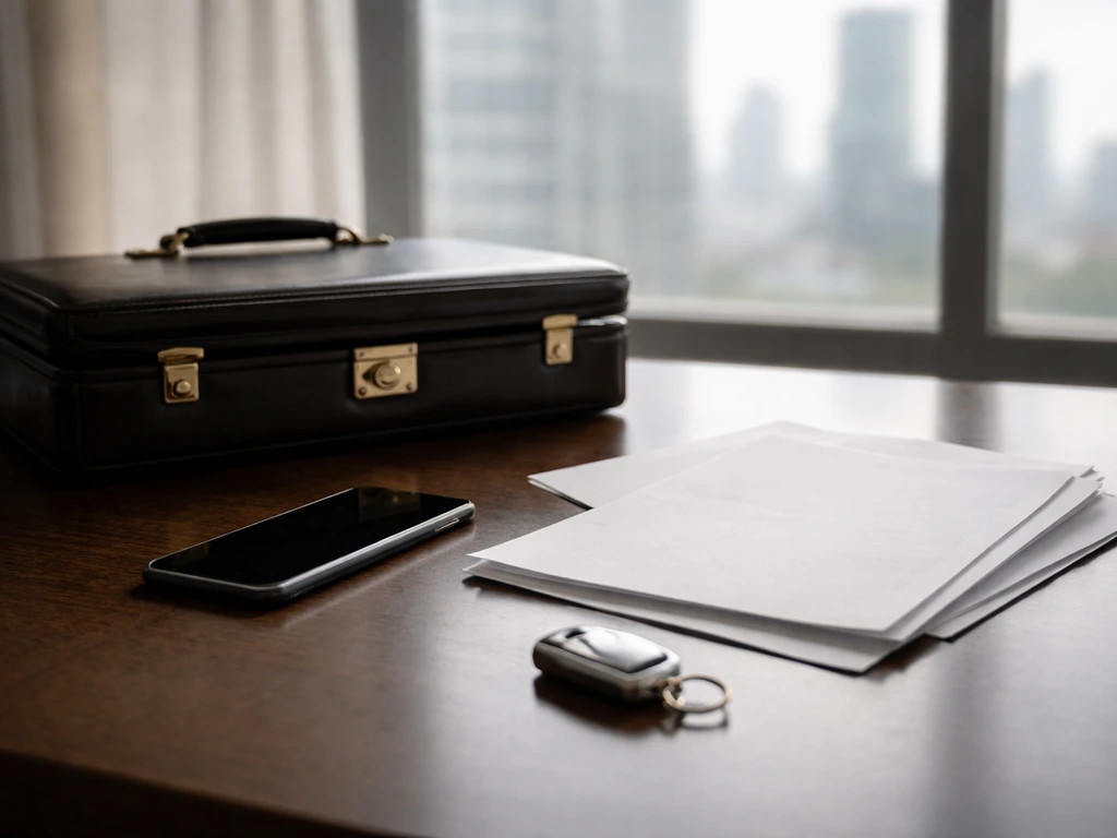 Minimal photo of a modern office desk with keys, paperwork, and a small blurred city skyline outside a window.