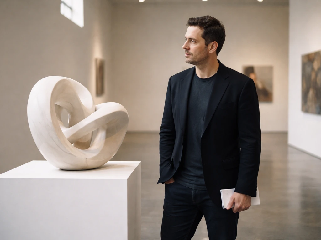 Anonymous art gallery founder-like figure near a sculpture in a Paris gallery space