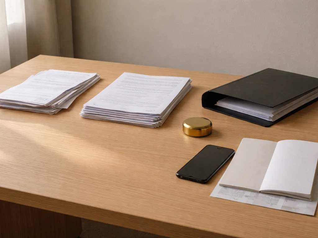 Minimal desk scene with stacked anonymous documents and a brochure, symbolizing evidence sources for a net-worth method.