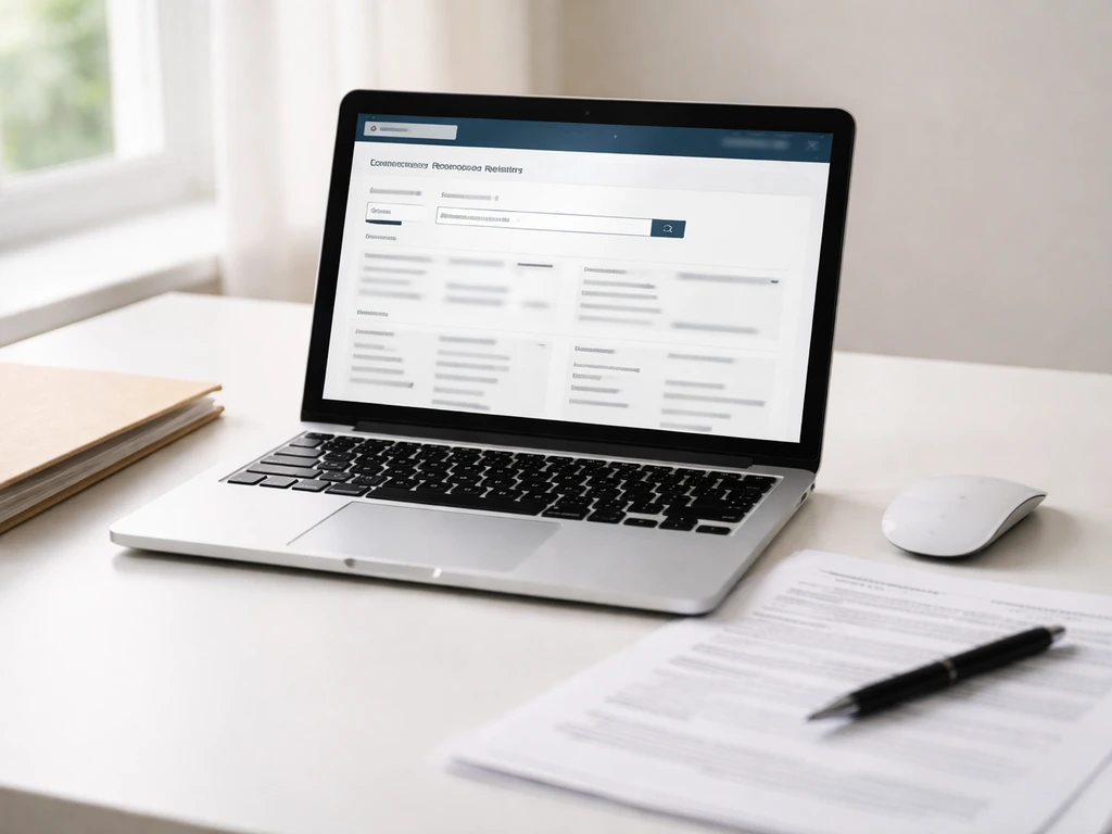Close-up of a laptop showing a French corporate registry search page and nearby documents