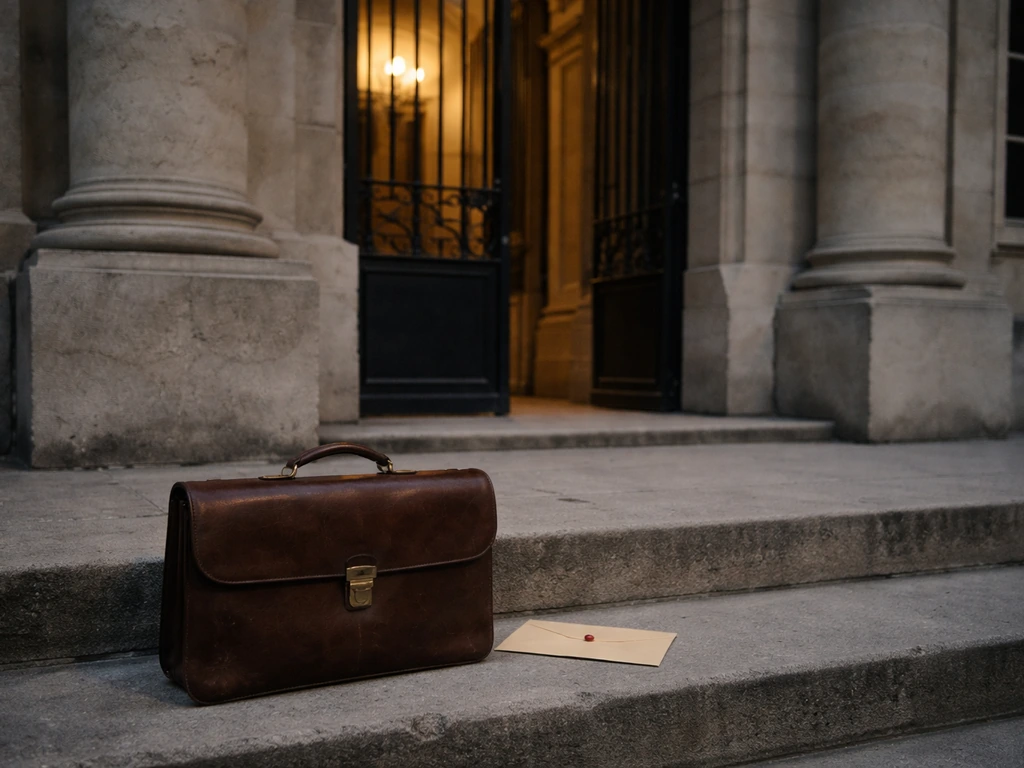 Briefcase and sealed envelope in front of a quiet French government building at dusk.
