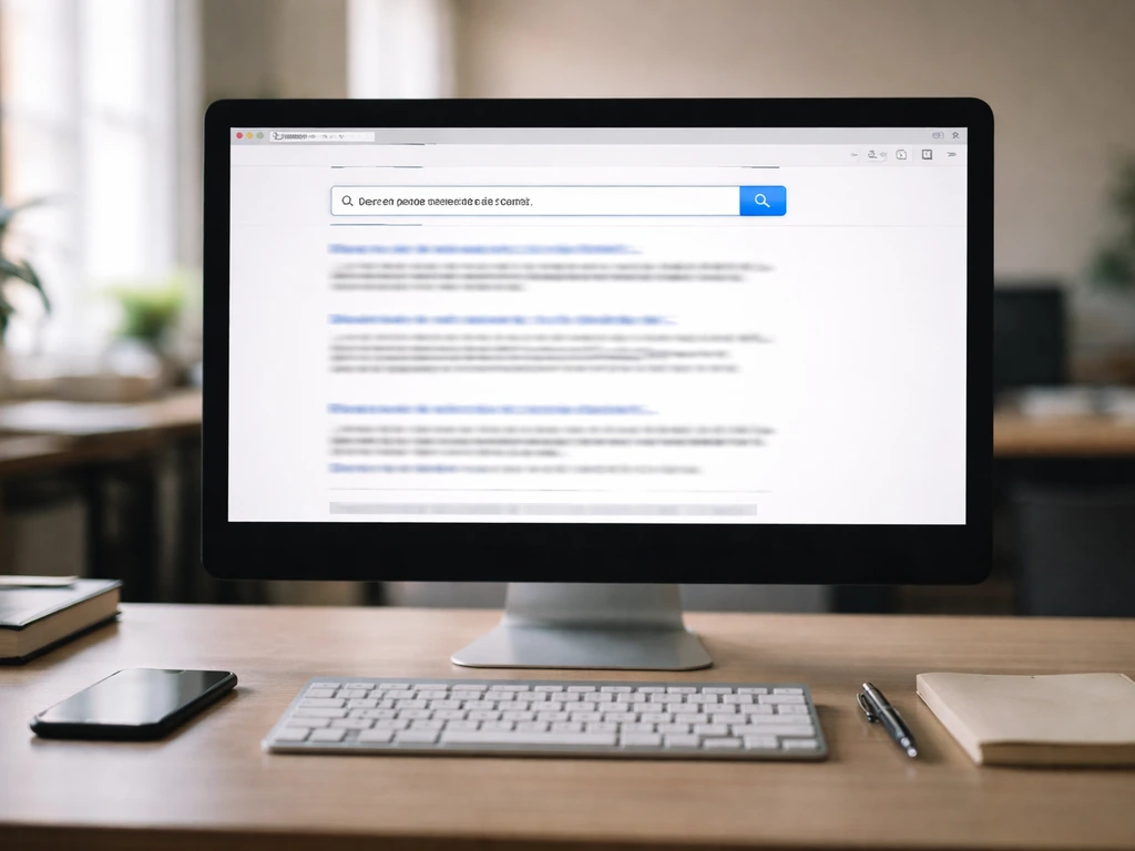 Minimal desk scene with a computer browser showing blurred government-archive search results for verification.