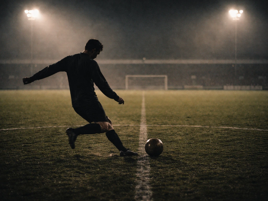 Vintage-style football midfield scene with a generic player silhouette kicking a leather ball under stadium lights.