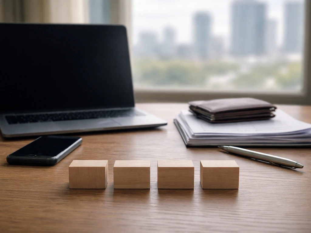 Analyst desk with blank wooden blocks suggesting income categories, documents, pen, and laptop.