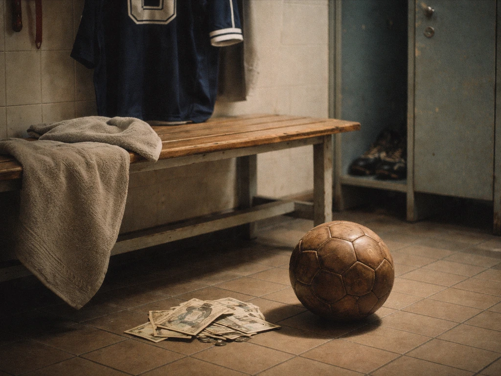 Vintage-style photo of a modest French football locker room with a soccer ball and scattered bills on the floor