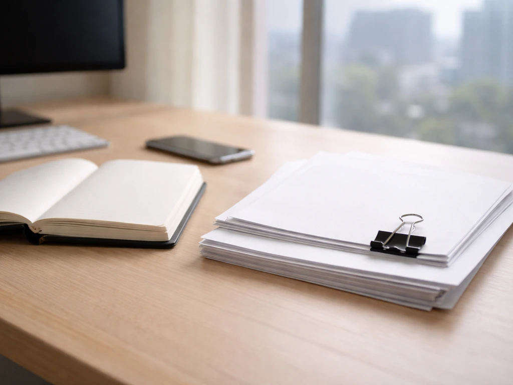Minimal desk scene with blank documents and a phone, suggesting verification of a public financial estimate.