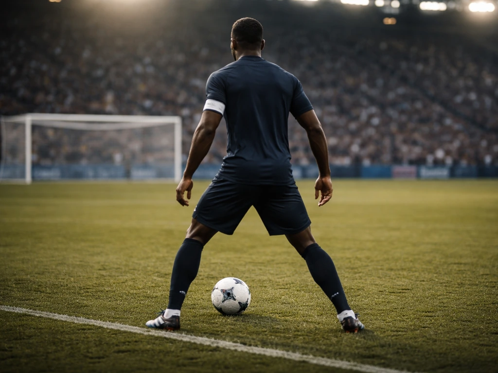 Anonymous football centre-back in a defensive stance on a grass pitch near the penalty area.
