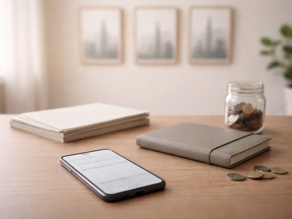 Minimal desk scene with phone showing blurred timeline, documents, and coins suggesting a net worth range build-up.
