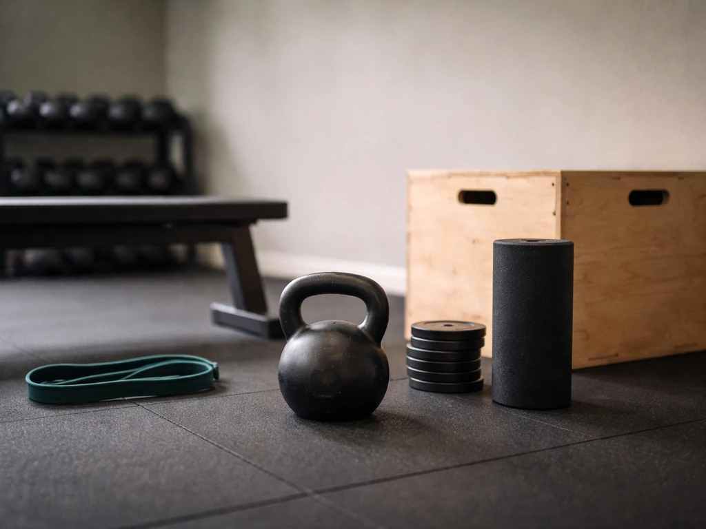Minimal gym corner with kettlebell, resistance band, and coaching training gear.