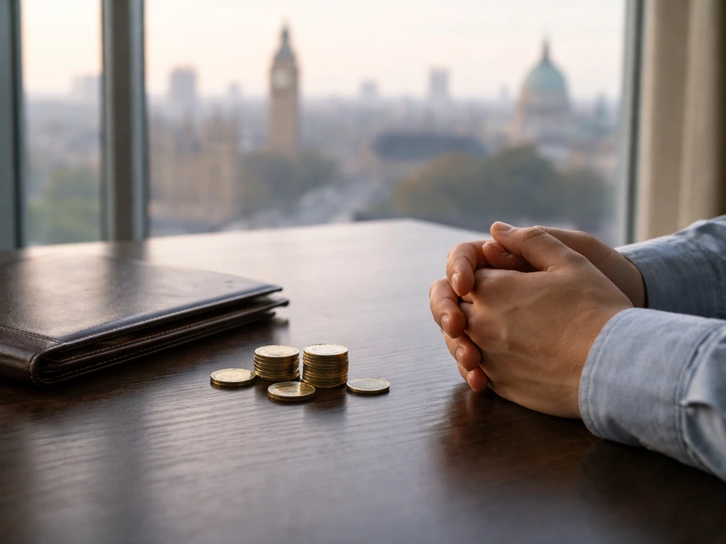 Anonymous hands on a desk with coins and a closed leather portfolio, city skyline softly blurred behind.