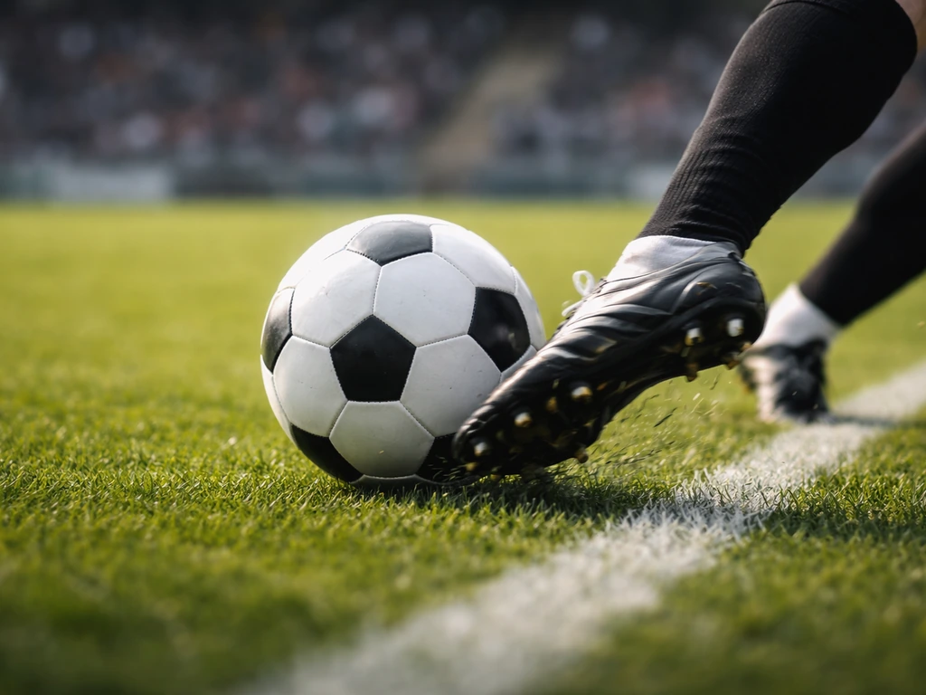 Anonymous footballer’s boots striking a ball on a grass pitch under natural light, stadium blurred behind.