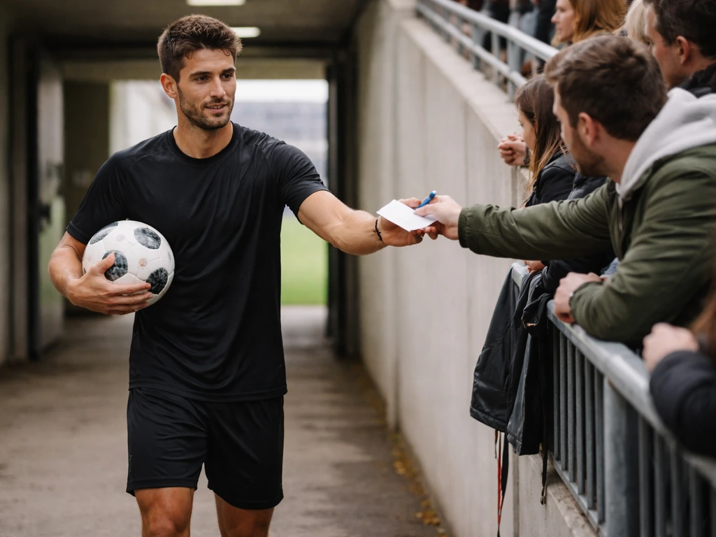 Football match-day moment: player in team kit walking past a sponsorless autograph-style scene.
