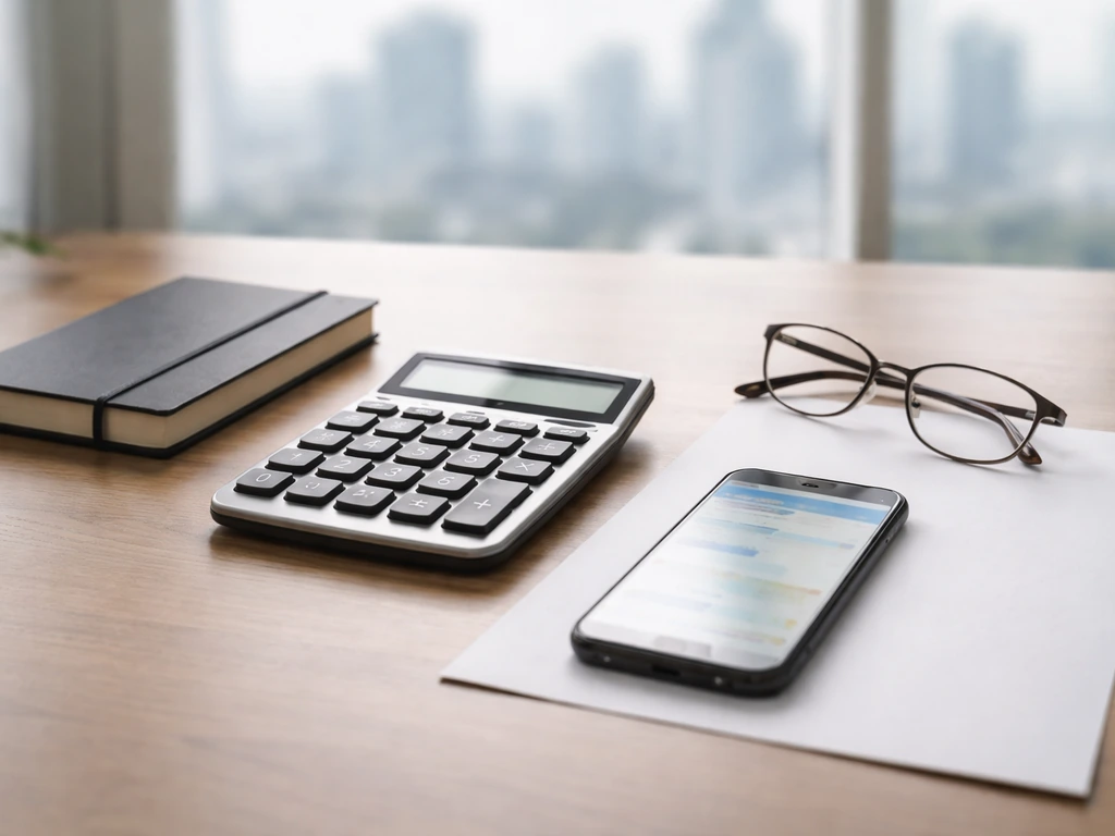 Minimal analyst desk with calculator, glasses, and blank paper suggesting building a net-worth estimate range.