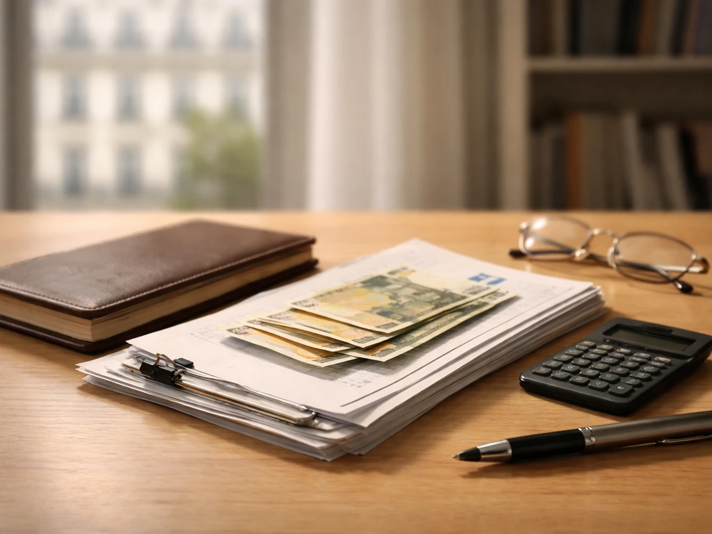 Minimal desk scene with euros and papers suggesting research into an estimated fortune