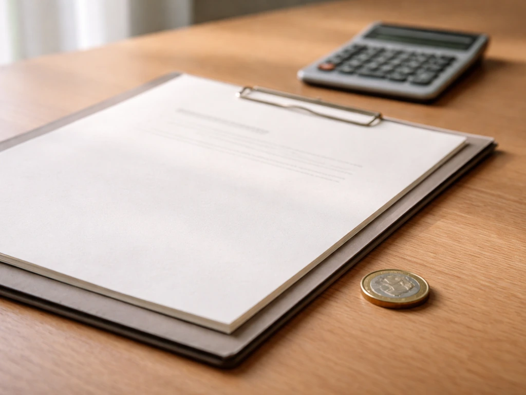 Minimal photo of an open document folder labeled like a report, with a euro coin and calculator nearby