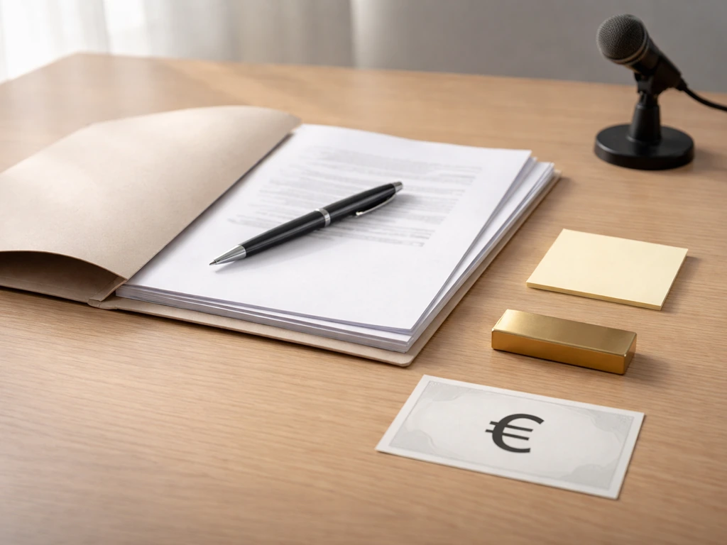 Minimal desk with an open report and a € symbol card highlighting the key reported figure.
