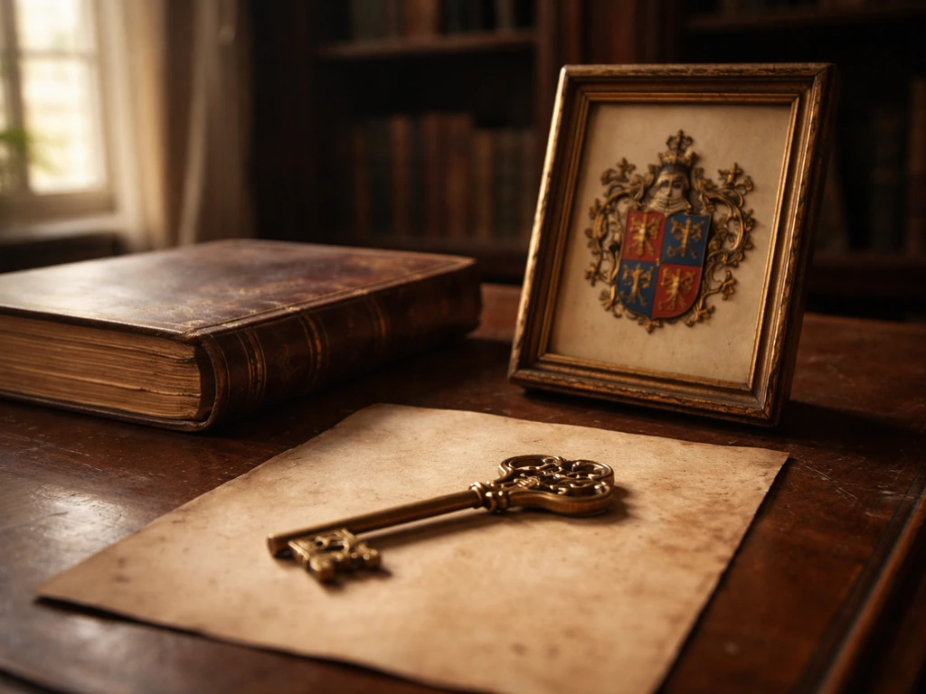 Warmly lit vintage study with a gold key and an old family crest signifying an aristocratic inheritance
