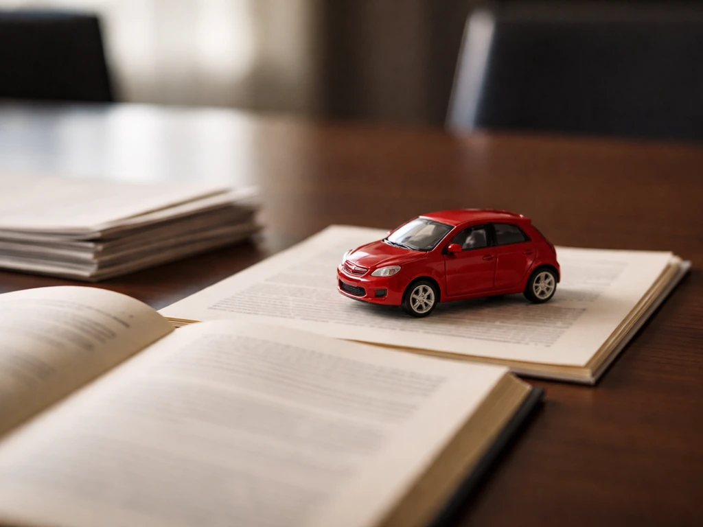 Close-up of a boardroom desk with an open annual report and a model car symbolizing the automotive industry.