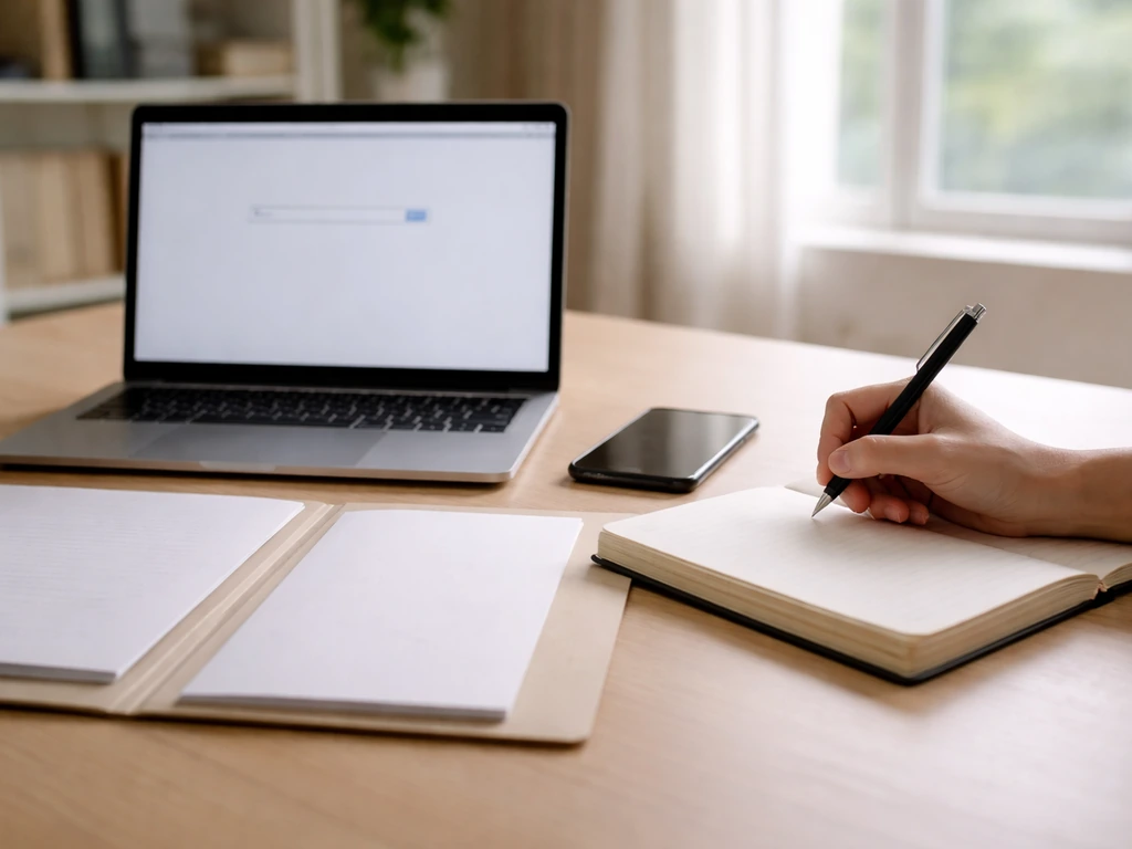 Minimal desk scene showing a workflow to verify/update a business estimate with laptop, phone, and notes.