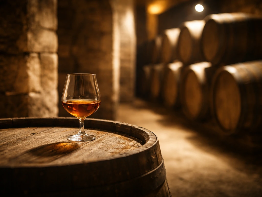 Warm Cognac cellar setting with an elegant glass of amber spirit and heritage ambience in Cognac, France
