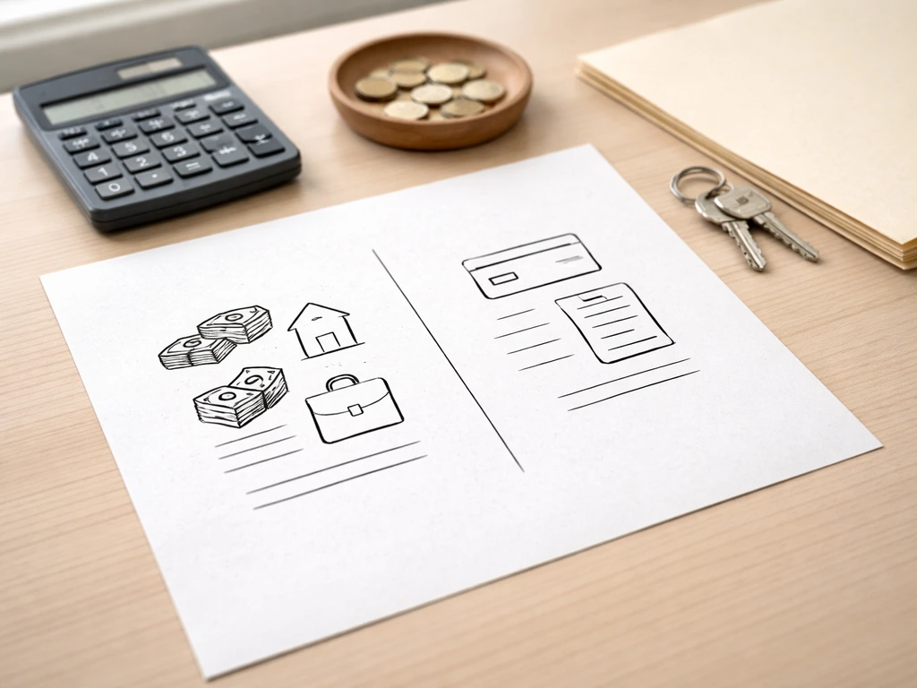 Minimal desk scene with a paper divided into asset and liability sections using simple icons, no text.