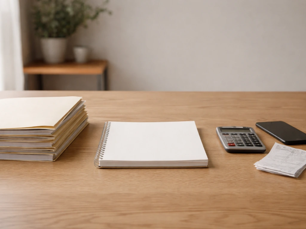Minimal photo of neatly stacked corporate documents and a smartphone beside a calculator on a desk