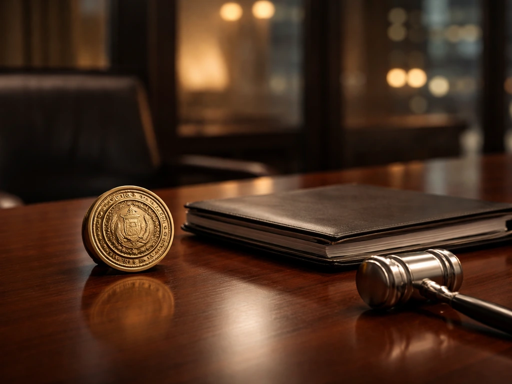 Brass corporate seal and gavel on an executive boardroom desk with soft city light background.