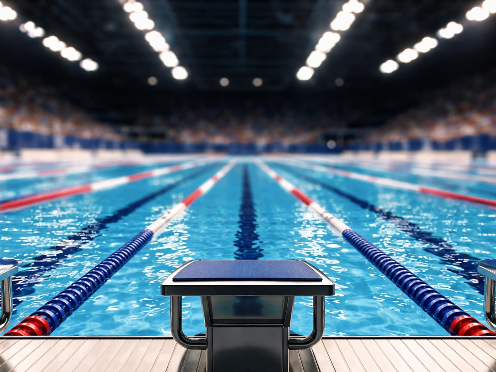 Olympic-style freestyle racing lanes with empty starting blocks and bright pool reflections