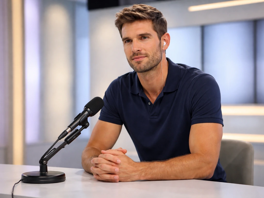 Athletic man in a TV studio with a microphone, ready for an interview segment.