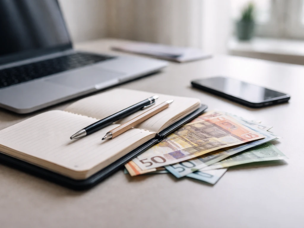 Minimal desk scene with laptop, notebook, and euro notes suggesting a wealth estimate and uncertainty.