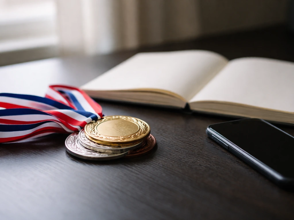 Minimal photo of an Olympic medal stack and a notebook beside a smartphone, symbolizing verifiable facts vs speculation.