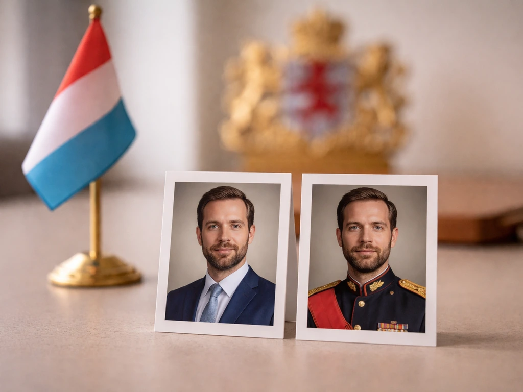 Two side-by-side portrait thumbnails with Luxembourg flag and coat-of-arms ornament on a desk.