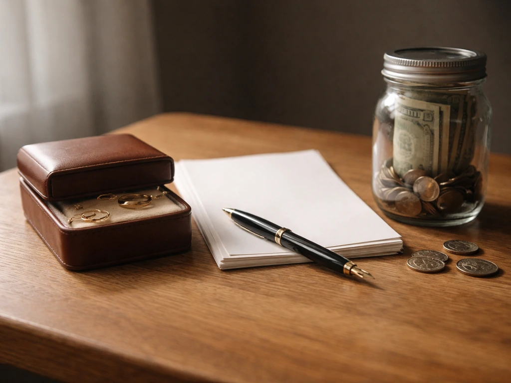 Close-up of jewelry, coins, and unbranded financial documents on a wooden table representing included assets.