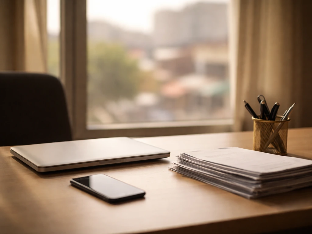 Minimal office desk scene symbolizing business and financial research for a net worth estimate.