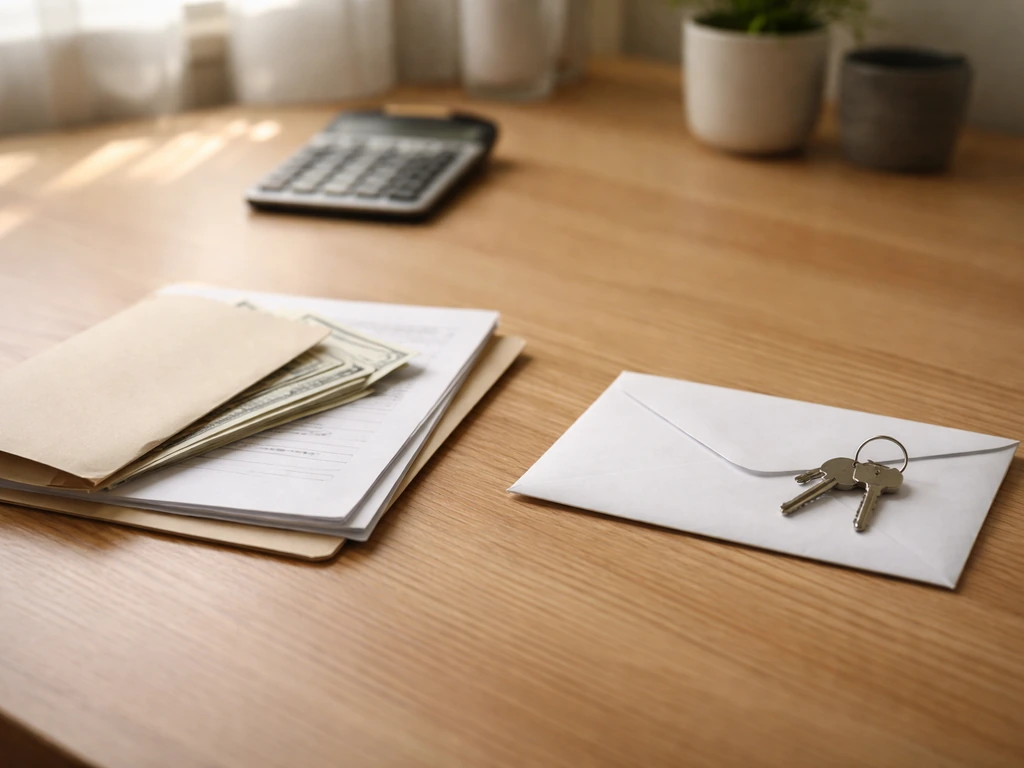 Minimal desk scene with scattered documents and a calculator beside a cash envelope, symbolizing assets and liabilities.