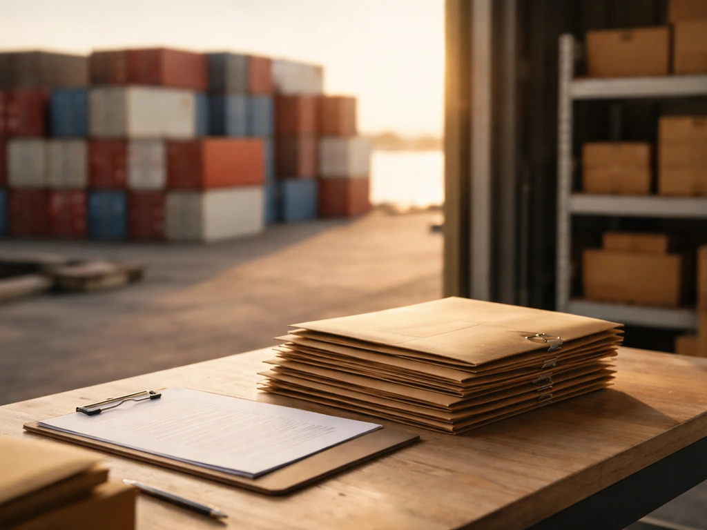 Minimal port logistics scene with shipping containers and invoice envelopes on a workbench.