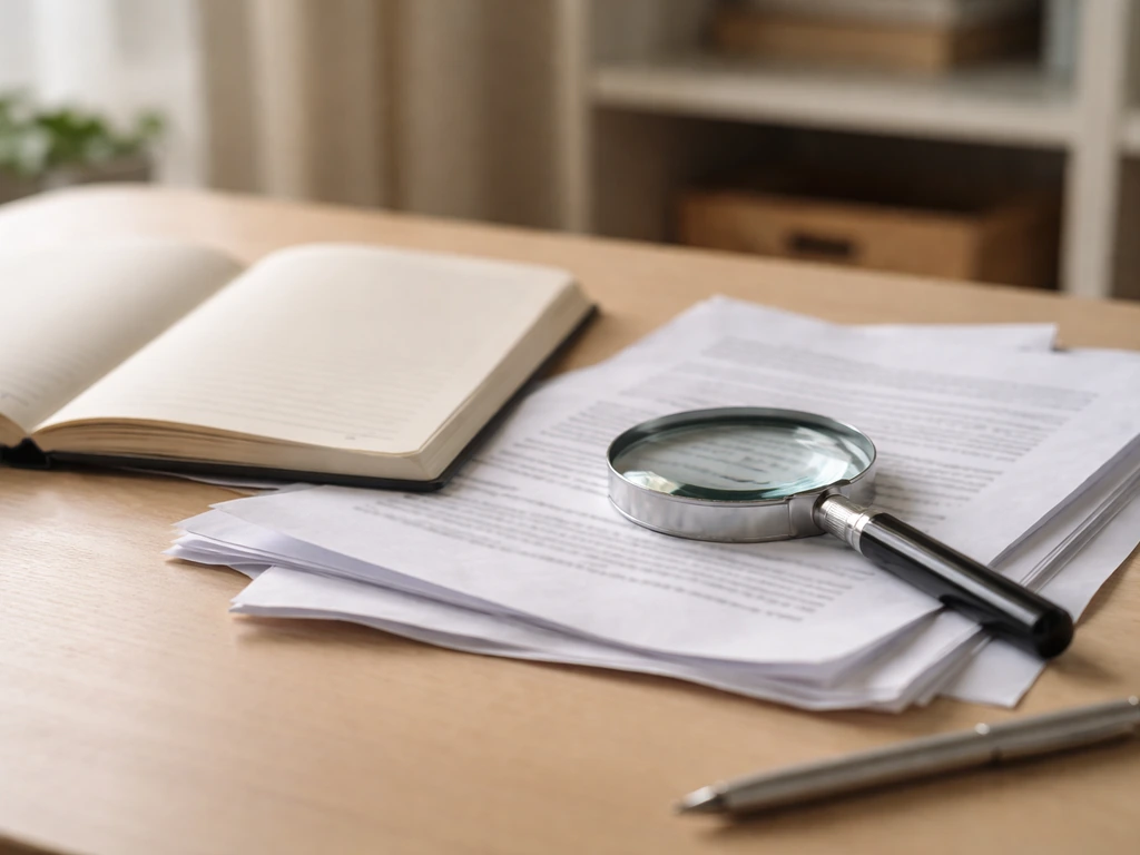 Minimal desk scene with a notebook, documents, and a magnifying glass for verifying information.