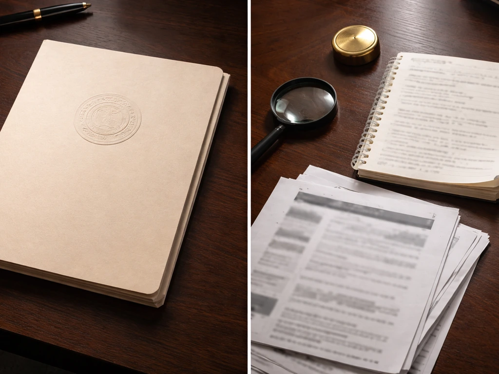 Side-by-side comparison of an official folder vs informal printouts on a wooden desk.
