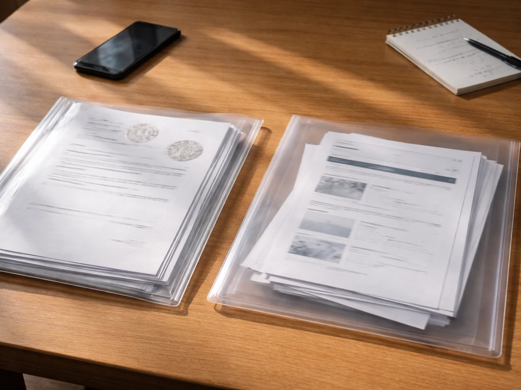 Desk scene with official-looking sealed papers beside generic secondary listings, suggesting thin sourcing.