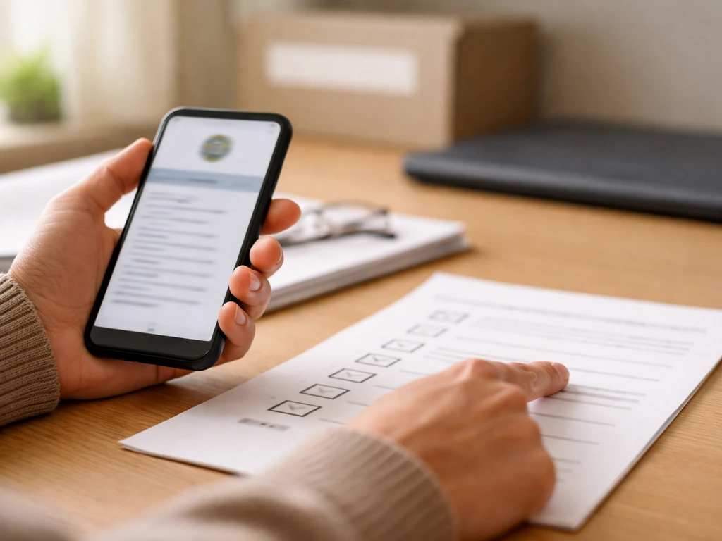 Hands reviewing documents and using a smartphone at a minimal desk, suggesting verification and updating an estimate.