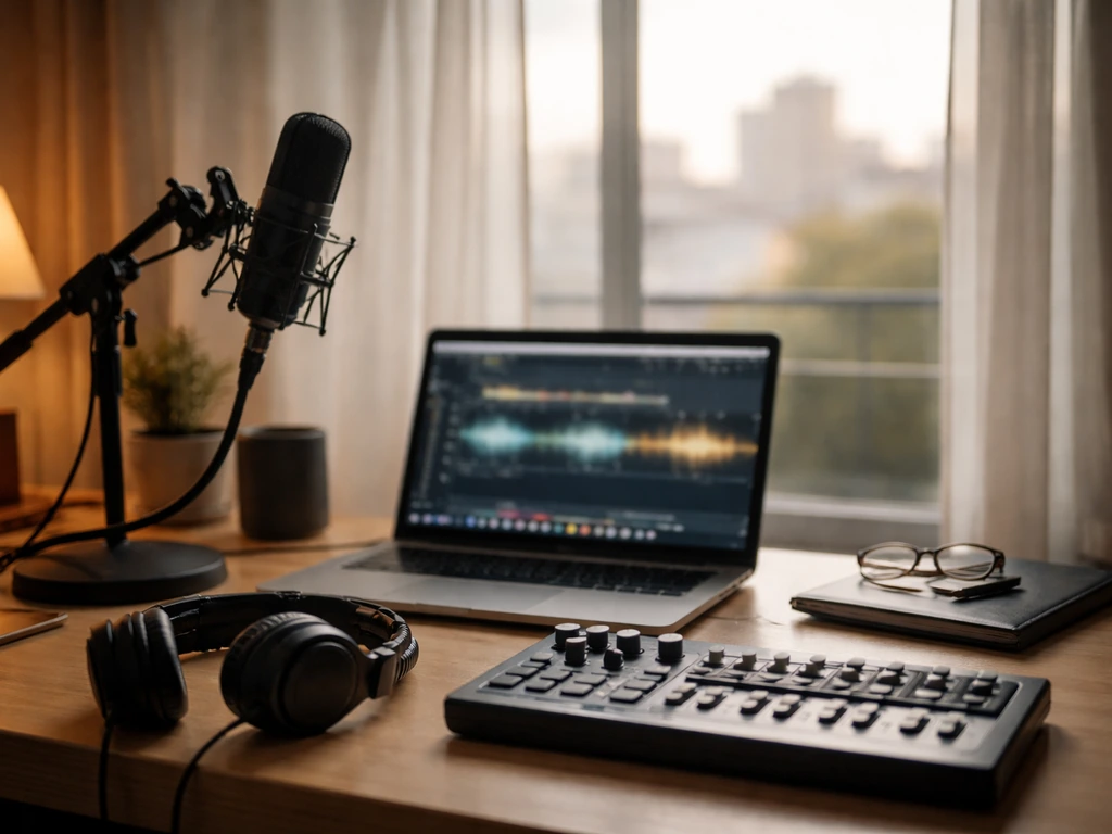 Anonymous music-studio desk with microphone and headphones, symbolizing media and wealth-estimate complexity