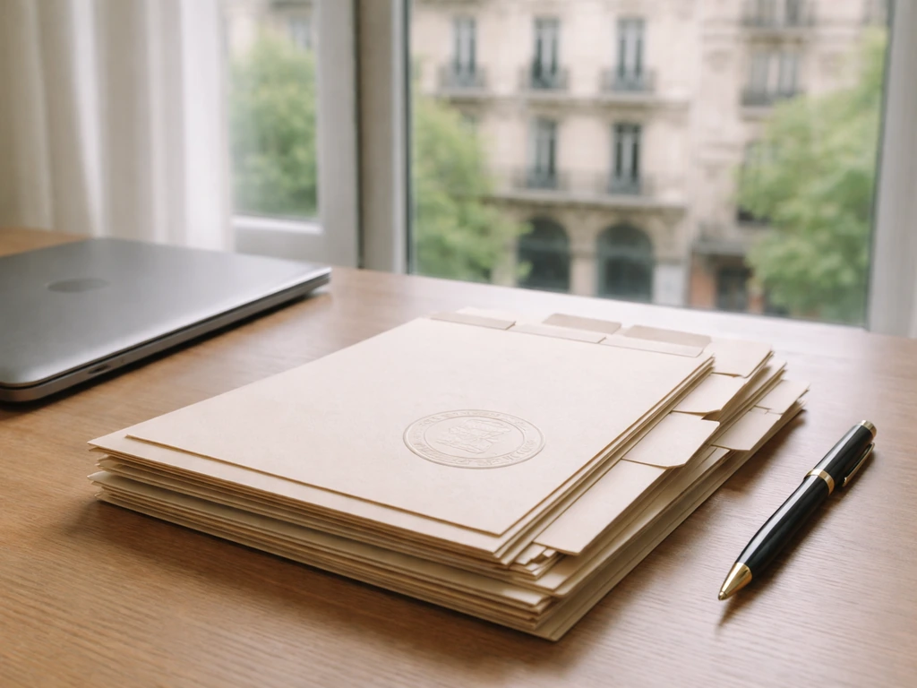 Minimal desk scene with French corporate documents and a sealed stamp beside a closed laptop.