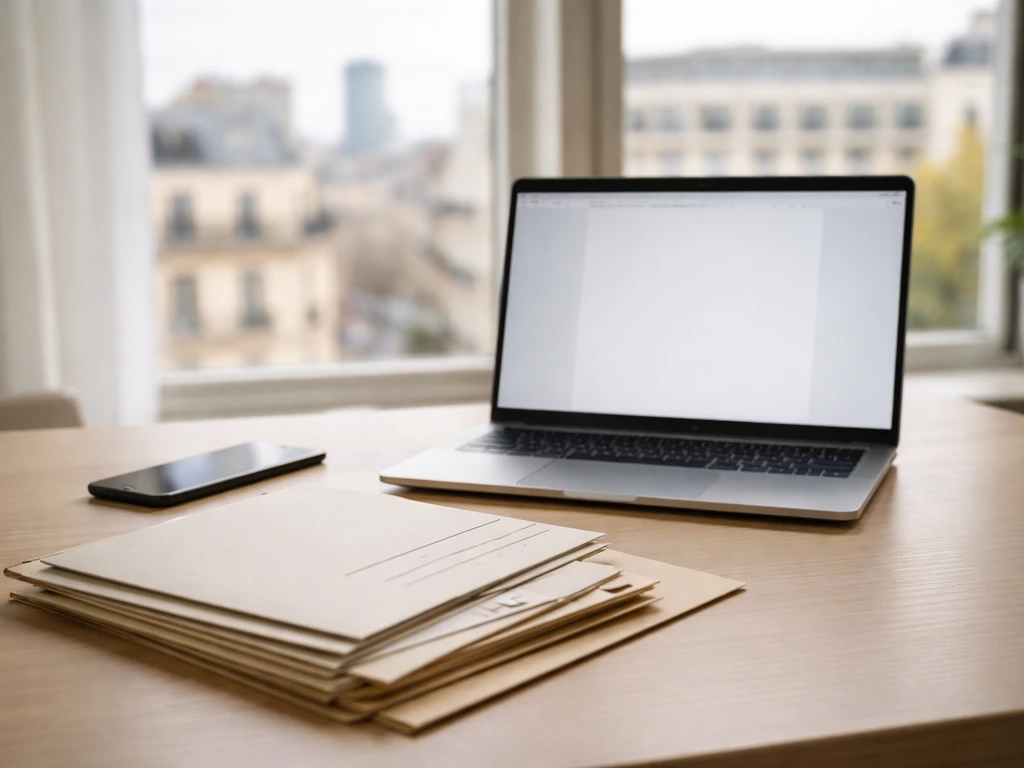 Minimal desk scene with business filing papers and devices, suggesting how to verify French registry deposits.