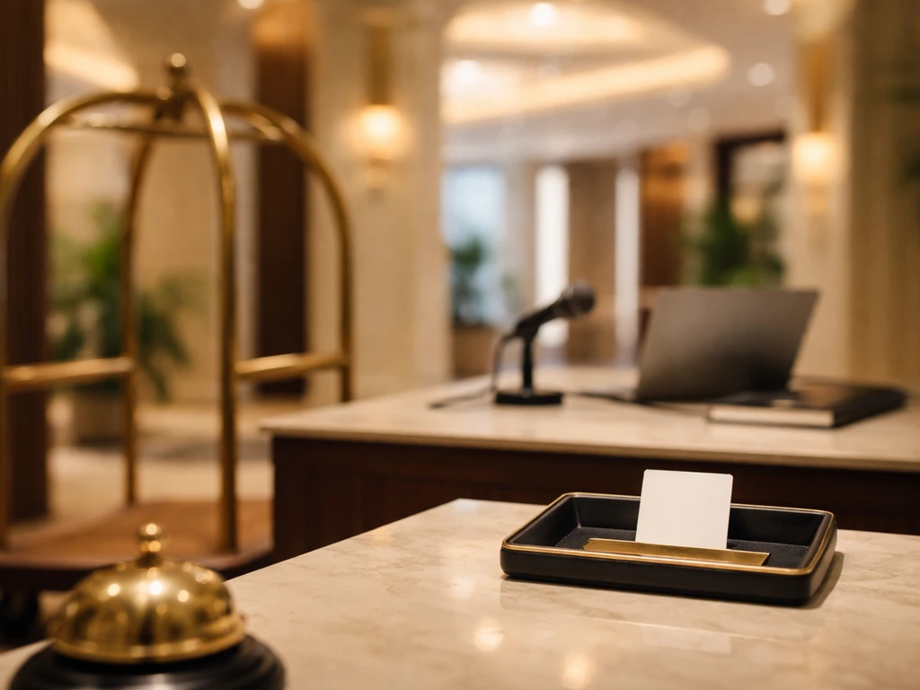Upscale hotel lobby with a desk microphone and laptop, symbolizing hospitality and net-worth analysis.