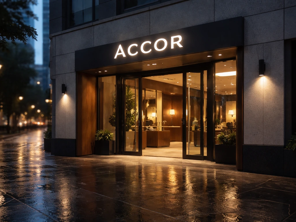 Evening view of an Accor hotel entrance with illuminated branding on a minimal street